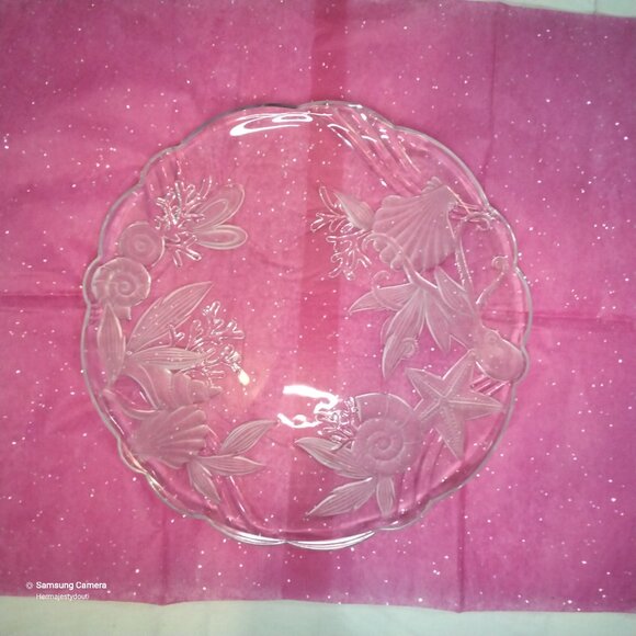 Vintage 15" Scalloped Frosted Etched Crystal Sea Marine Life Serving Platter - Picture 4 of 4